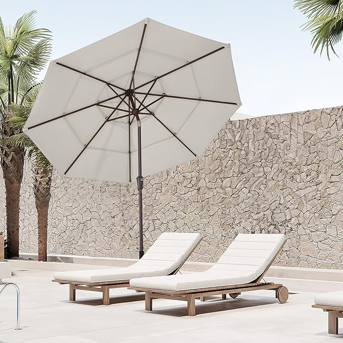 JEAREY 9FT 3 Tier Patio Umbrella Outdoor Market Umbrella Table Umbrellas with 8 Ribs 1.5 Pole Push Button Tilt and Crank UV Protection for Garden,Off-white