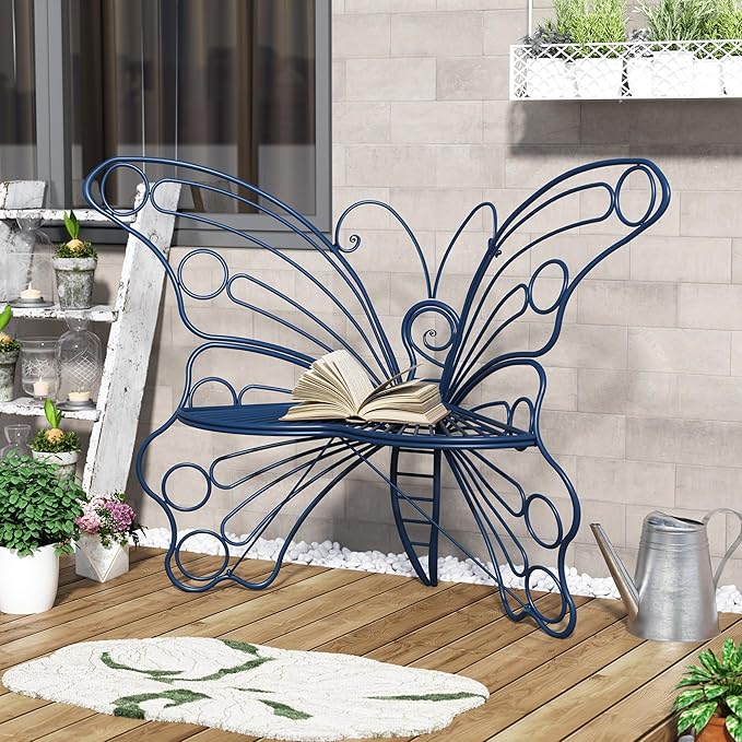 DIBRATY 50 Inches Outdoor Bench, Garden Bench with Sturdy Iron Metal Frame, Pretty Butterfly Bench Front Porch Bench for Porch,Lawn,Garden,Yard
