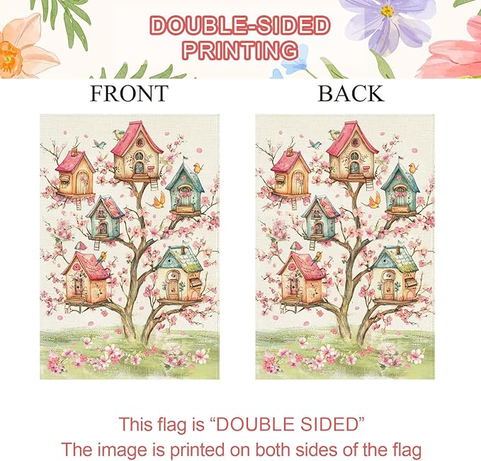 Baccessor Spring Birds Garden Flag Double Sided 12.5 x 18 Inch Burlap with Clip and Stopper,Pink Floral Flower Tree Flag Seasonal Farmhouse Front Yard Lawn Outside Outdoor Decoration