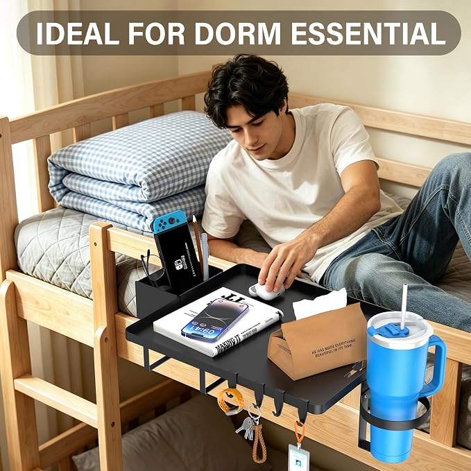 Bedside Shelf, Metal Shelf for Dorm Room Clip On Floating (Black) | College Dorm Room Essentials for Bunk Bed & Top Bunk, Space Saving Nightstand For Loft Beds With Removable Cup & Holder