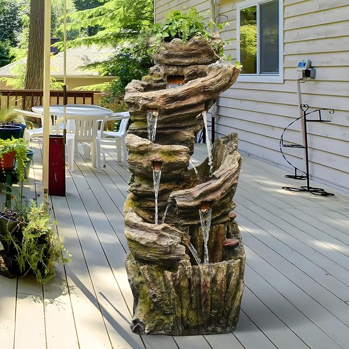 Sunlinua 55" H Outdoor Water Fountain 7-Tiers Large Cascading Imitative Wood Natural Waterfall Outdoor Fountains Resin Floor Standing Foutain with LED Lights for Garden, Patio, Porch