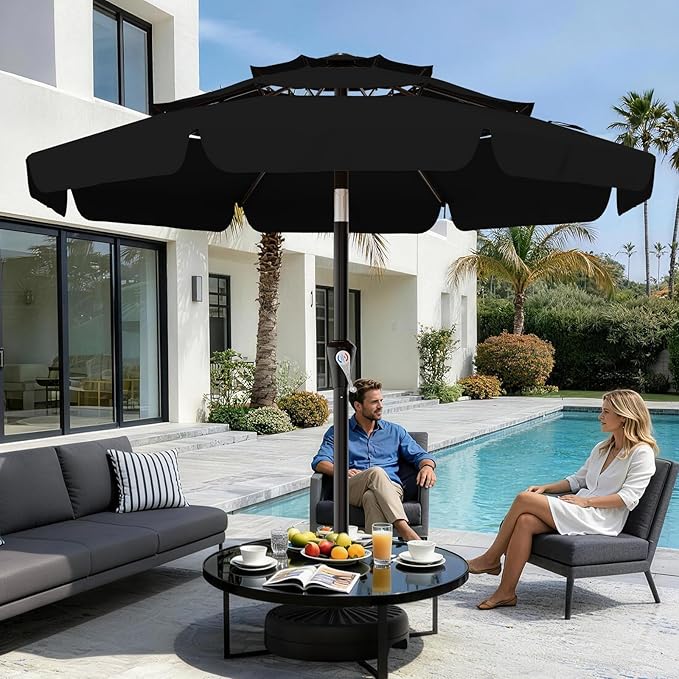 AreShark 9FT 3-Tiers Patio Umbrella with Valance, Outdoor Umbrellas with Crank/Tilt, Table Market Umbrella Vented w/ 8 Sturdy Ribs for Garden, Deck, Backyard, and Pool, Black