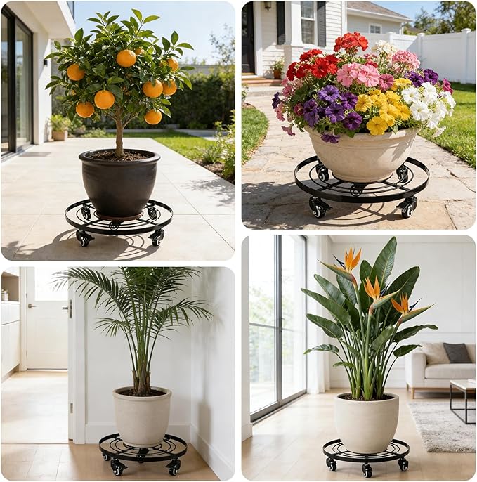 Planterhoma 2 Packs Extra-large 16 Inch Metal Plant Caddy Plant Dolly with Wheels Heavy-Duty Wrought Iron Rolling Plant Stand with Casters for Indoor and Outdoor Plant Pot Rollers Black