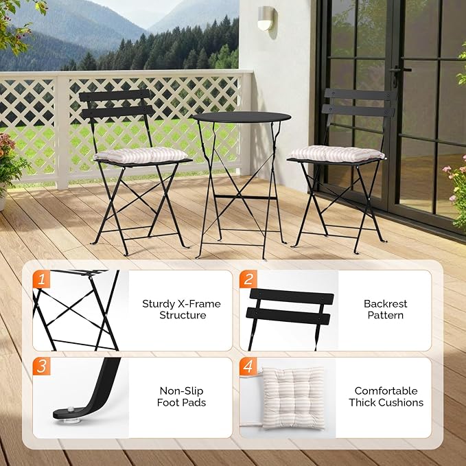 VINGLI Outdoor Folding Bistro Table and Chairs Set, 3-Piece Patio Bistro Set with 2 Chairs and Table, Metal Folding Bistro Set with Cushions for Patio, Balcony, Garden, Porch, Black