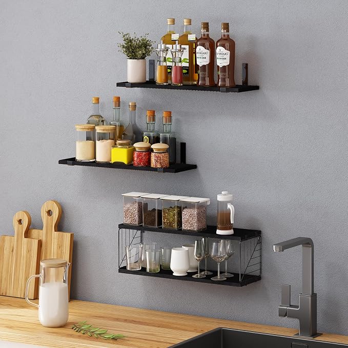 Fixwal 3+1 Tier Bathroom Floating Shelves Over Toilet, Black | Black Wood Shelf Set with Toilet Paper Storage Basket, Natural Finish, 40Lb Weight Limit, Quick Mount, Versatile