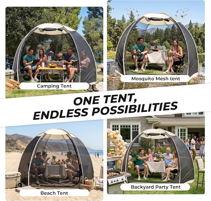Alvantor® Pop Up Screen House Tent, Snap-fit Mesh Screen Gazebo with Peaked Roof, Portable Screen Room Canopy Shelter with Sandbags for Camping, Backyard, Picnic