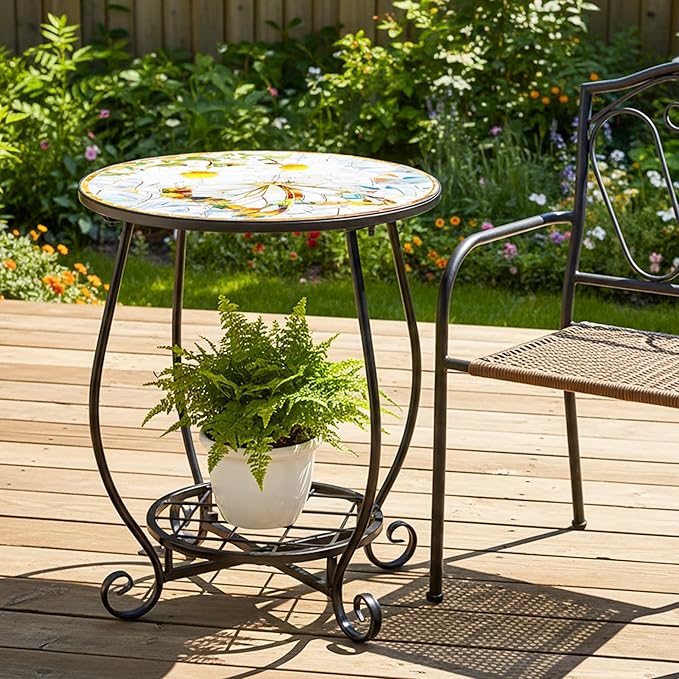 Outdoor Patio Side Table - 14" Metal Small Round Coffee Tables, Flower Butterfly Style Accent Stand End Snack Desk for Indoor Outside Balcony Yard Porch Bedside Poolside Garden Home Decoration