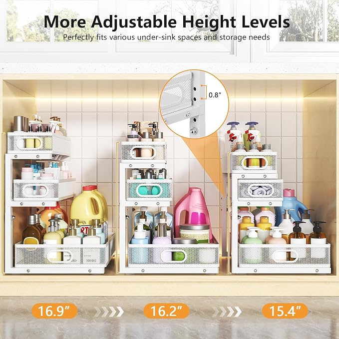 3-Tier Under Sink Organizer, Slide Out Drawer Rack, White, 2 Pack | for Bathroom, Kitchen, Pantry, Laundry & Home Organization and Storage