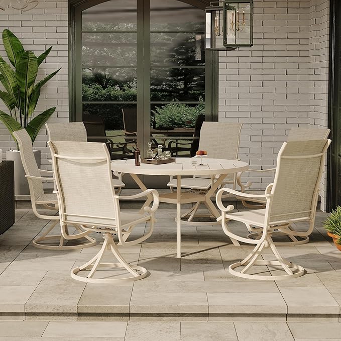 47" Outdoor Patio Table Dining Table, All Weather Metal Round Patio Table with Adjustable Umbrella Hole, Patio Furniture for Lawn Garden Backyard, Sandshell