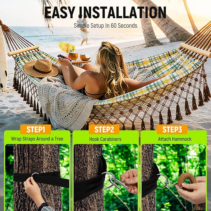 Portable Hammock, Bohemian Hammock,2person Hammock,for Suitable,Patio,Beach,Backyard,Garden,(Cyan 79 * 59
