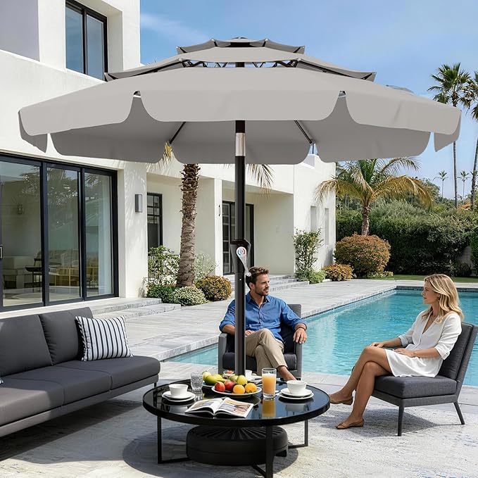 AreShark 9FT 3-Tiers Patio Umbrella with Valance, Outdoor Umbrellas with Crank/Tilt, Table Market Umbrella Vented w/ 8 Sturdy Ribs for Garden, Deck, Backyard, and Pool, Foggy Gray