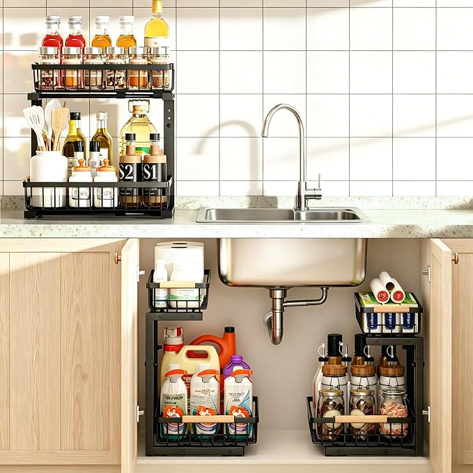 REALINN Under Sink Organizer, Adjustable 2 Tier Pull Out Kitchen Bathroom