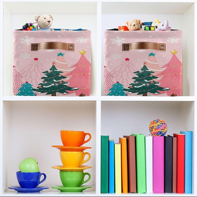 Christmas Tree Pink Storage Basket with Waterproof Liner and PU Handles Winter Snowflakes Xmas Bells Storage Bins Boxes 14.2" Collapsible Decorative Organizer Baskets for Bedroom Closet Office 2 Pack