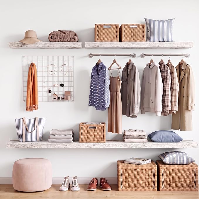 24x8in Floating Shelves 2 Pack, Wall Mount Display Shelf, White Washed | Invisible Brackets, 22lb Sturdy MDF, 24in Long, Easy Install, For Bedroom, Bathroom, Living Room, Kitchen & Office