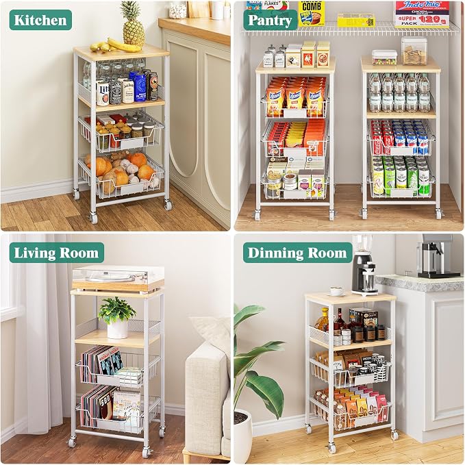 Giwil 4-Tier Fruit Vegetable Storage Cart Rolling Kitchen Cart with Drawer