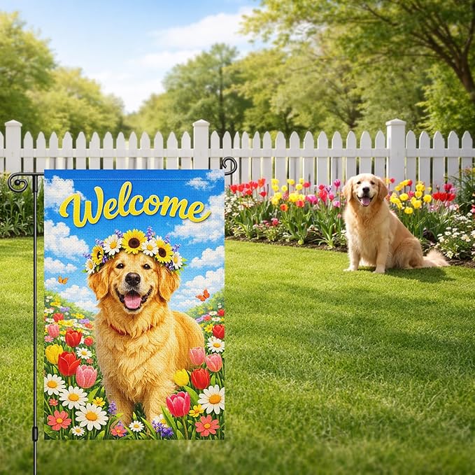Heyfibro Spring Welcome Garden Flag 12x18 Inch Double Sided Golden Retriever Floral Garden Flag Small Yard Flags for Outside House Farmhouse Seasonal Spring Outdoor Decorations