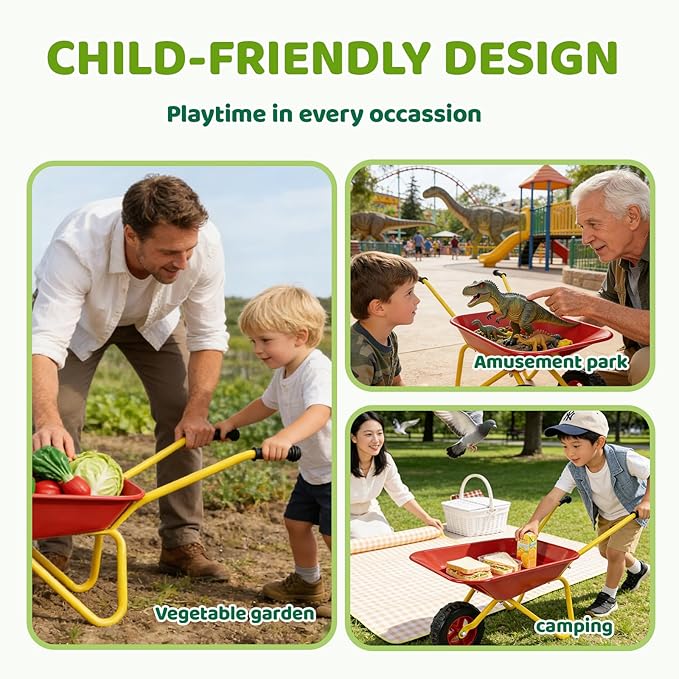 Kids Metal Wheelbarrow with Single Wheel,Children Garden Cart with Steel Tray and Non-Slip Handles, Sturdy Outdoor Yard Toy for Toddlers, Ideal for Sand, Leaves, and Soil (Red-Wheelbarrow)