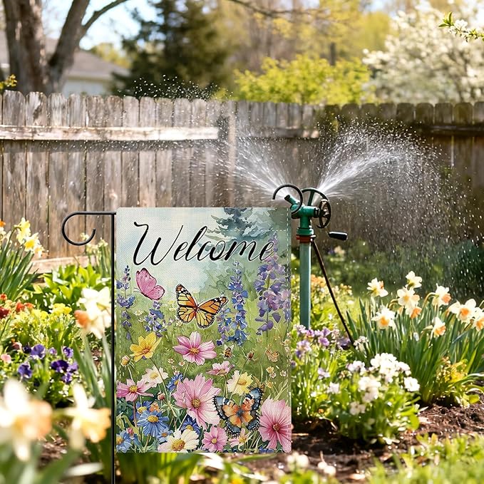 Dyrenson Welcome Spring Summer Floral Decorative Garden Flag, Watercolor Flower Butterfly Yard Outside Home Decoration, Botanical Wildflower Pastoral Burlap Outdoor Small Decor Double Sided 12 x 18