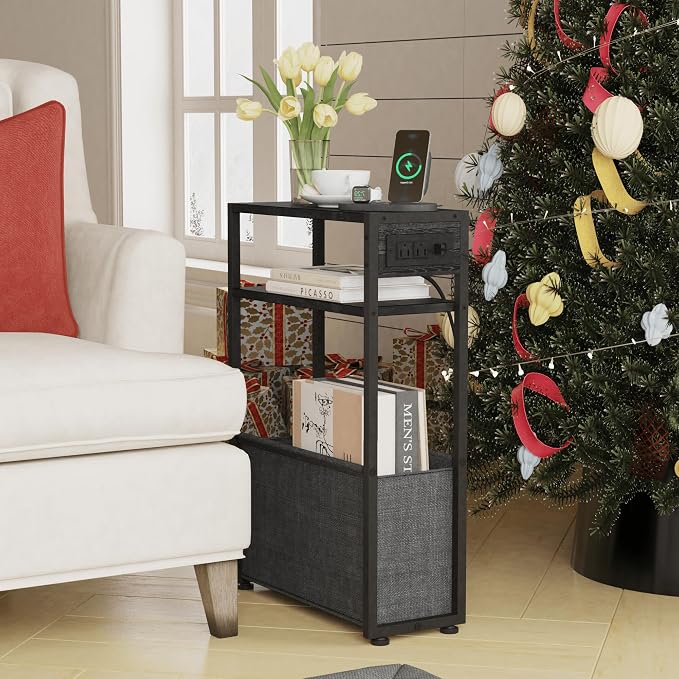 Leomonio Narrow Side Table with Charging Station, Slim End Tables with Linen Basket, Skinny Table for Small Spaces, Thin Bedside Table for Living Room, Bedroom
