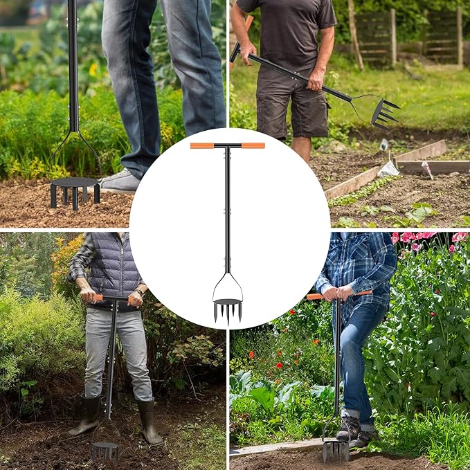 Luvenia Hand Tiller Cultivator with 5.1 Inch Deep 8 Steel Teeth, Manual Soil Tiller Garden Tool 40 Inch with Anti-Slip Pedal,Garden Claw for Weeding, Planting Aerating, Mixing Soil