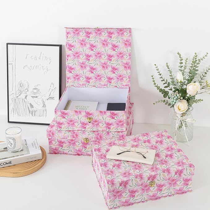 Soul & Lane - Pink Floral Boxes with Gold Hardware, Set of 3, Garden Blush | Stacking Keepsake Boxes with Lids for Home Decor and Organizing, Large Elegant Cardboard Gift and Memory Storage