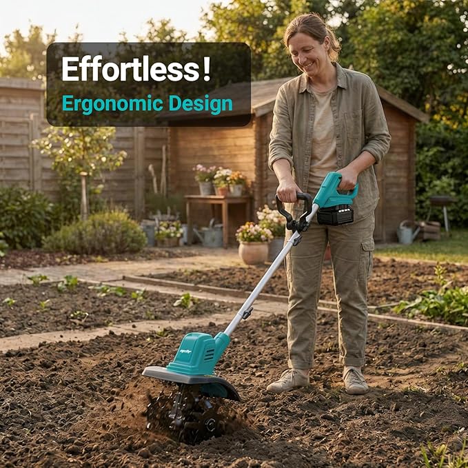 Cordless Brushless Garden Tiller Cultivator Compatible with Makita 18v Battery (Tool Only), 10’’ Wide 7’’ Deep Electric Soil Rototiller, 48-Tine Mini Rotary Aerator for Garden Beds & Soil Preparation