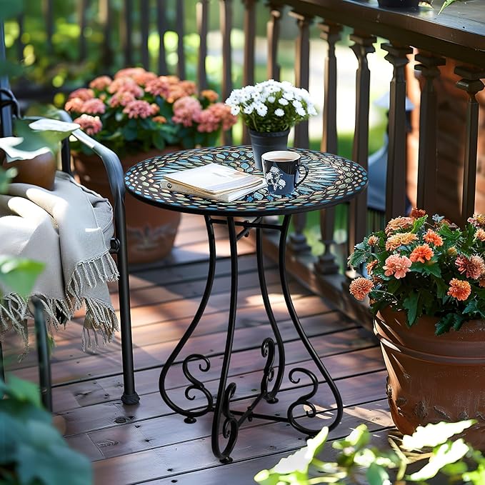 18" Round End Table, Unique Relief Ceramic Tile Tabletop with Metal Frame, Metal Scrollwork Accent Outdoor Side Table