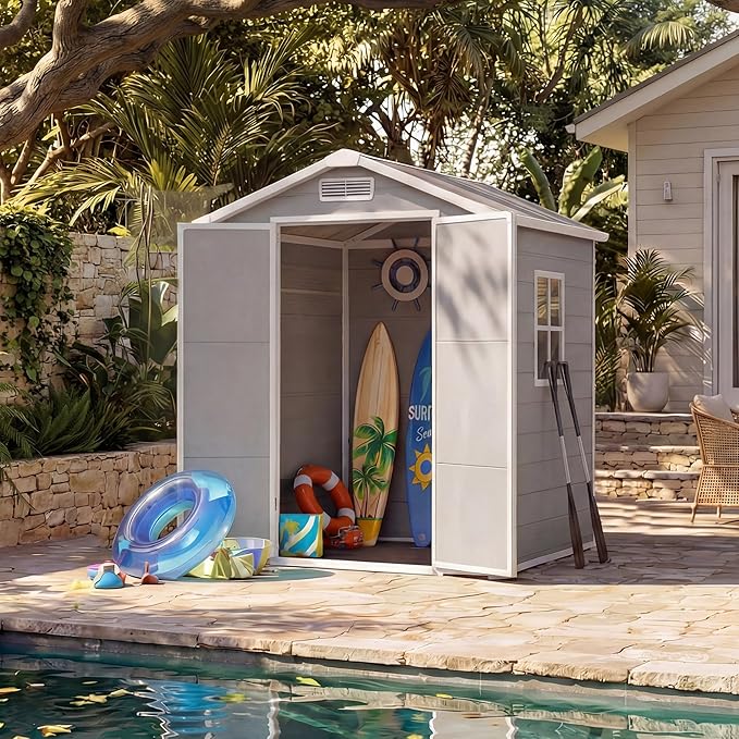 Outdoor Storage Shed with Floor, Plastic Resin Garden Shed with Window & Sloping Roof & Lockable Door for Patio Backyard Garden, Lawn Mower, Bike, Tool Storage (Light Gray, 6' X 4')