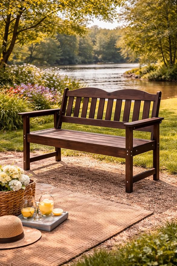 GarveeLife 2-Person Poly Lumber Garden Bench, Slatted Patio Loveseat, Weather-Resistant Outdoor Seating for Yard, Garden, Porch, Park or Backyard, Brown