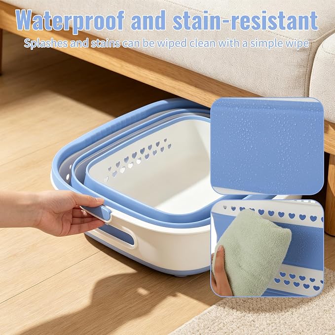 2 Pcs Collapsible Laundry Baskets for Clothes, 43L Plastic Laundry Hamper for Dorm Bedroom, Space Saving Pop-Up Laundry Hamper Container, Durable Foldable Laundry Basket with Handles (Lake-Blue)