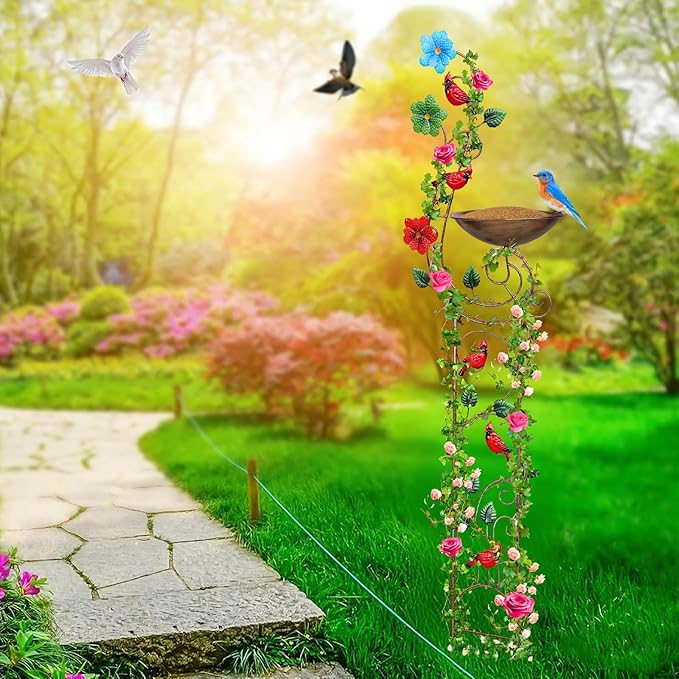 YADOOLIFE 57” Bird Bath with Garden Trellis for Climbing Plants Outdoor, Small Decorative Trellises Metal Birdbath Bird Baths, 1 Piece (Redbird)