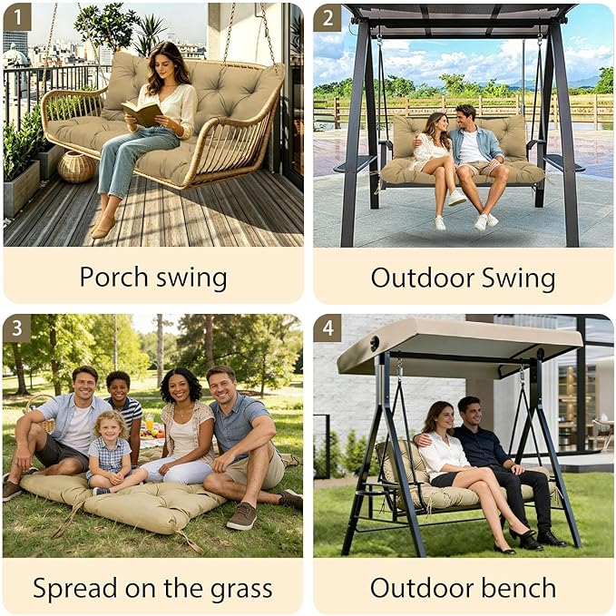5" Thick Porch Outdoor Swing Cushions Waterproof Fade-Resistant 60x40 Inch 3 Seater with 8 Anti-Slip Ties Durable Replacement Cushion for Patio Long Bench Garden Furniture