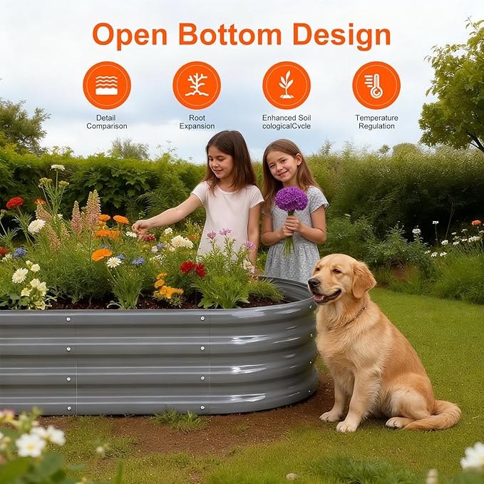 Rakukiri Raised Garden Bed Outdoor 2 Sets Oval Large Coating Metal Planter Box with No Heavy Metal for Vegetables, Flowers, Herbs