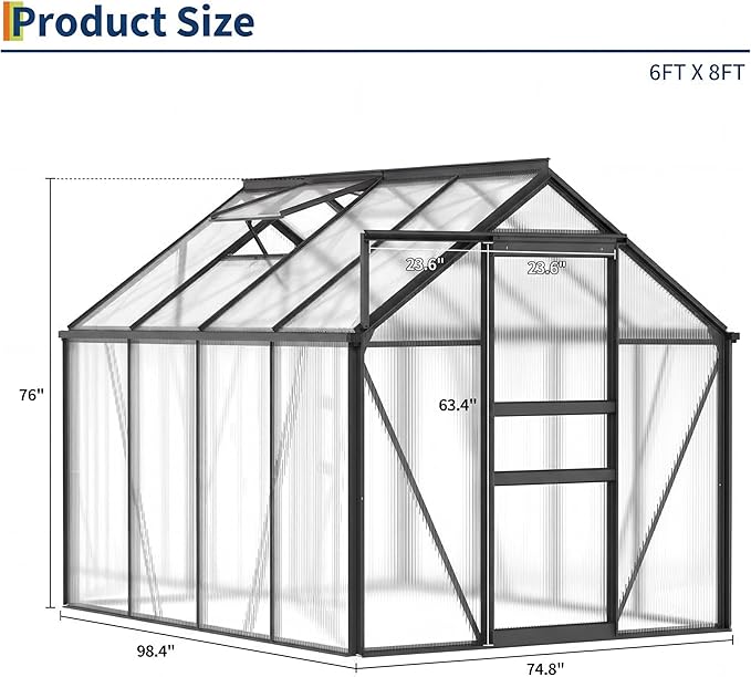 GarveeHome 6x8 FT Walk-in Polycarbonate Greenhouse - 76" High Reinforced Aluminum Frame with Base Kit, 4mm Double-Wall UV Protected Panels, 5-Position Adjustable Roof Vent & Sliding Door, 250 Cu.Ft