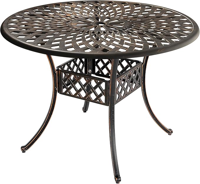 NUU GARDEN Cast Aluminum Outdoor Round Dining Table 42 Inch Patio Table with 2.24 Inch Umbrella Hole for Garden Backyard Balcony Black with Gold-Painted Edges
