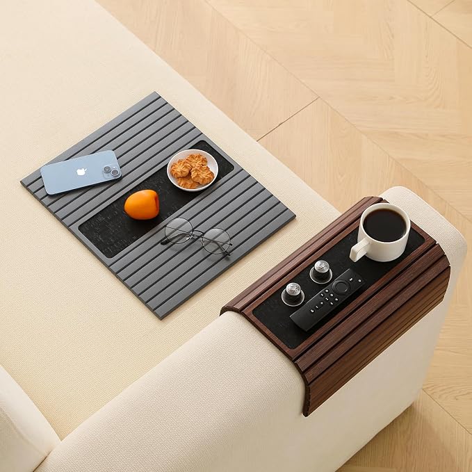 Bamboo Couch Arm Tray Table with Anti-Slip Cork Pad,Foldable Sofa Armrest Tray Table for Couch,Flexible Couch Arm Cup Holder,Portable Sofa Arm Chair Table for Drink, Snacks, Phone, Remote (Brown)