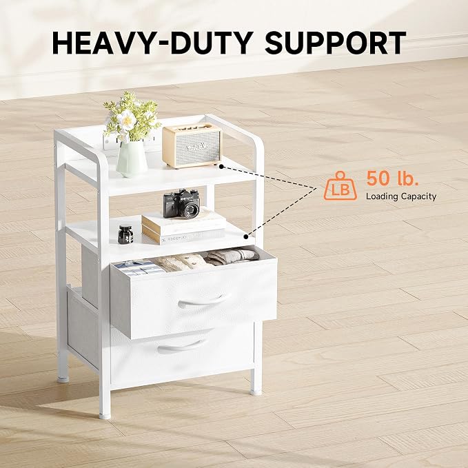 Lazzanto Nightstand with Rear Charging Station, LED Light, 2 Drawers, White