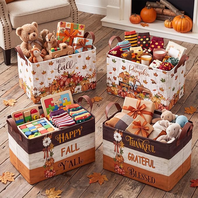 4 Pcs Fall Storage Basket for Gifts Empty with Handle, Large Fabric