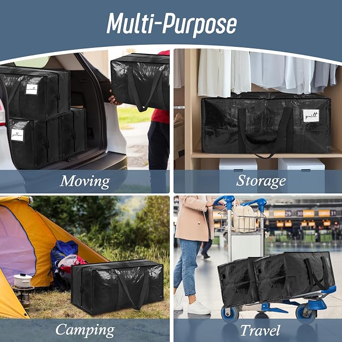 6 Pack Extra Heavy Duty Large Moving Bags with Strong Zipper, Black | Comfortable Handles, Sturdy & Durable Clothes Storage Bags Totes Bins, Blue Packing Moving Boxes for College Supplies
