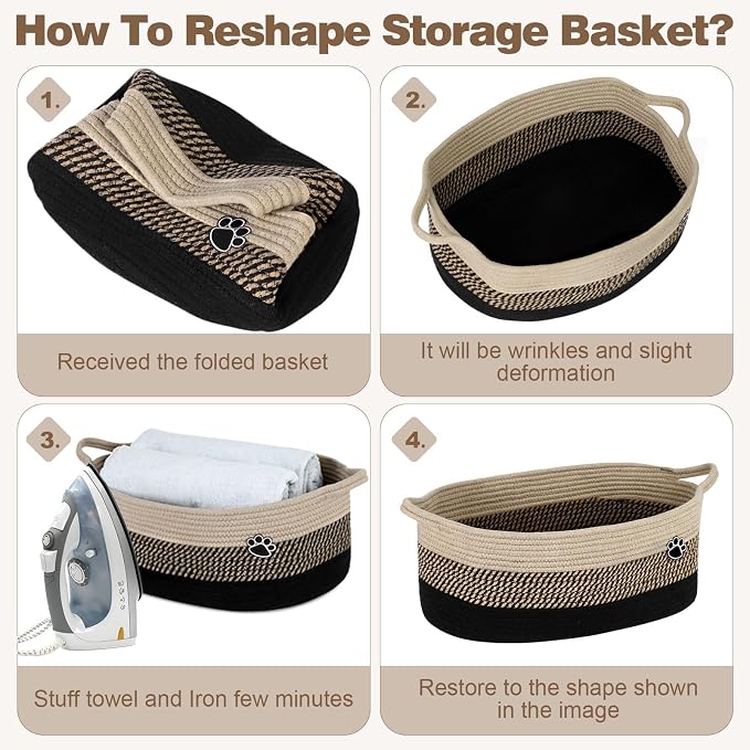 Optish 40L Extra Larg Dog Toy Basket, Woven Rope Storage Basket,Black-Brown | 20" x 14" x 9" XL Toy Storage Box and Bin with Handles for Living Room, Bedroom Organization, Foldable, Durable, Home Decor