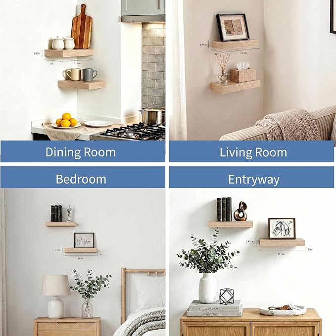 Oak Floating Shelves for Wall, 12 Inch Wooden Wall Shelf Set of 2 | Wood Floating Shelf Over Toilet, Wall Mounted, Easy Install, Easy-Clean, 33lbs Max Load, Bedroom Living Room Display Storage
