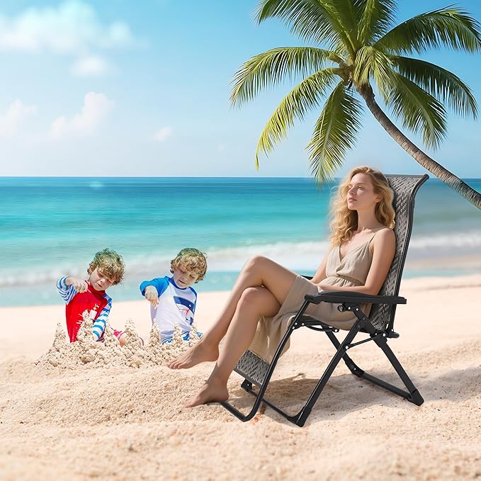 CuisinSmart 1 Pack Foldable Rattan Lounge Chairs, Patio Recliner Chair with Widened Armrest & Heavy Duty Wicker, Portable Patio Lounge Chair for Indoor, Poolside, Balcony, Backyard, Garden