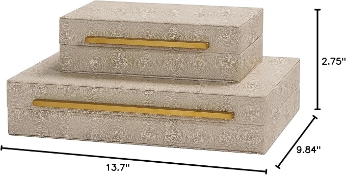 Kingflux Ivory Shagreen Leather Set of 2pcs Decorative Boxes, Storage Boxes Jewelry Organizer, Woment&Men's Accessory Organizer ,Memory Keepsake Box with Brushed Gold handle(Ivory)