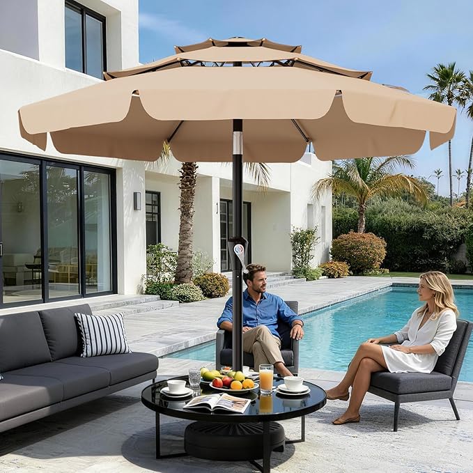 AreShark 10FT 3-Tiers Patio Umbrella with Valance, Outdoor Umbrellas with Crank/Tilt, Table Market Umbrella Vented w/ 8 Sturdy Ribs for Garden, Deck, Backyard, and Pool, Beige