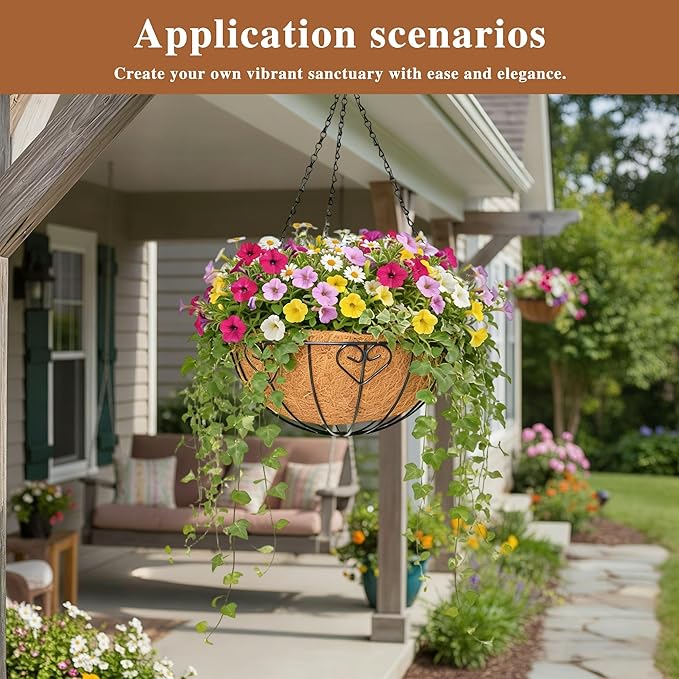 4 Pack Hanging Planter for Outdoor Plants 12 inch Metal Hanging Flower Basket with Coco Coir Liner Round Wire Plant Holder Chain Flower Pots Outdoor Garden Decoration Watering Hanging Baskets(AX)