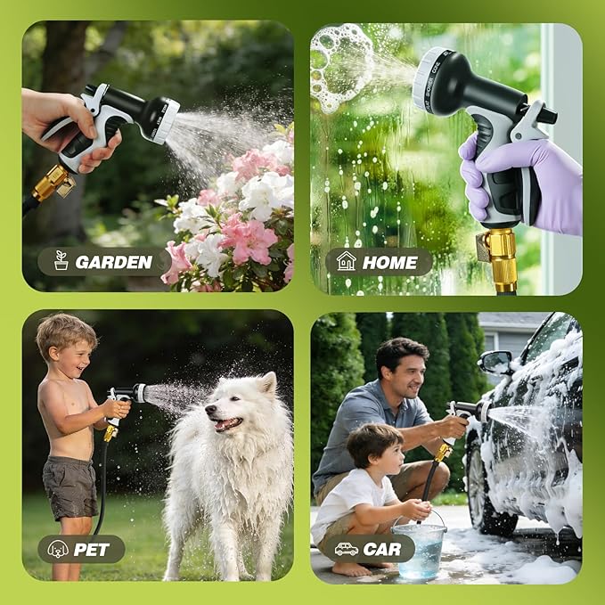 Garden Hose 50 FT, Lightweight Non-Expanding Water Hose with 10 Function Nozzle, Manguera Para Jardin with 3/4" Brass Connectors Leak-Proof, Burst-Resistant, Anti-Kink