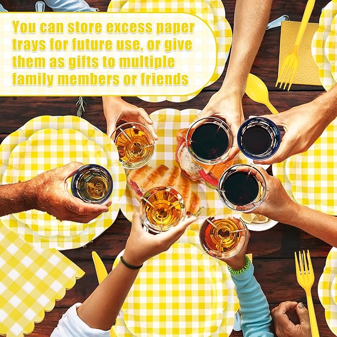 Funnymoom 400 Pcs Gingham Party Supplies for 50 Guests Yellow and White Paper Plates and Napkins Knives Spoon Fork Cup Disposable Checkered Dinner Party Set Cutlery for Baby Shower Wedding Favor