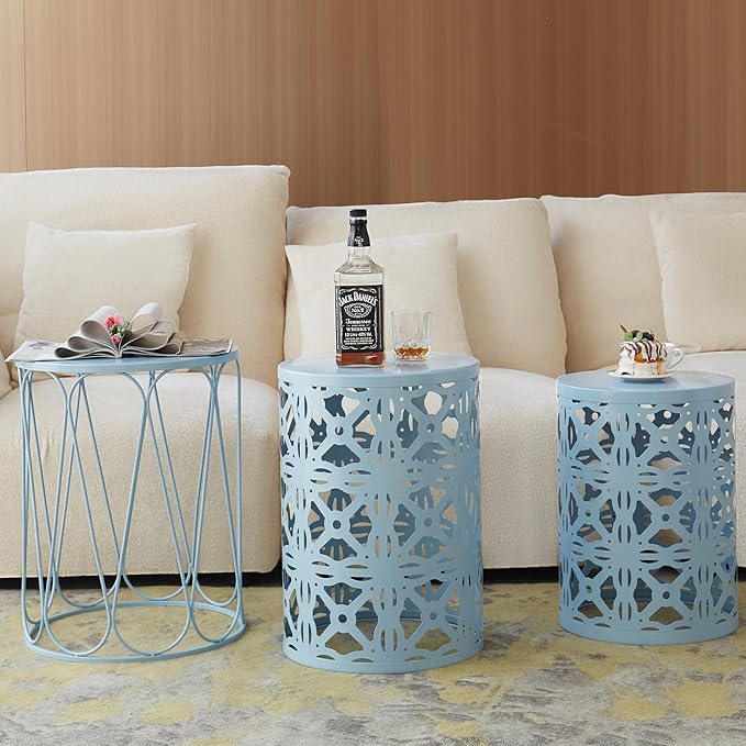 Y&M Set of 3 Stacking Coffee Table for Living Room, Patio Side Table,Indoor End Tables for Bedroom, Outdoor Decorative Garden Stool with Heavy Duty Metal Frame Modern Industrial Decor - Blue