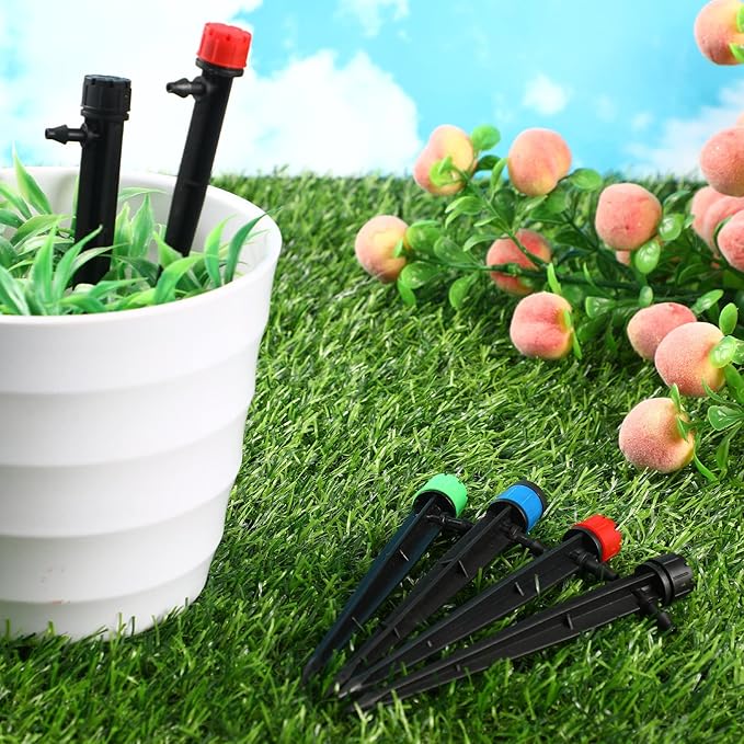 Mudder 100 Pcs 5.2 Inches Drip Irrigation Emitters for 1/4 Inch Drip Irrigation Tubing 360 Degree Adjustable with Arrow Stake Fan Sprayer for Garden Watering System