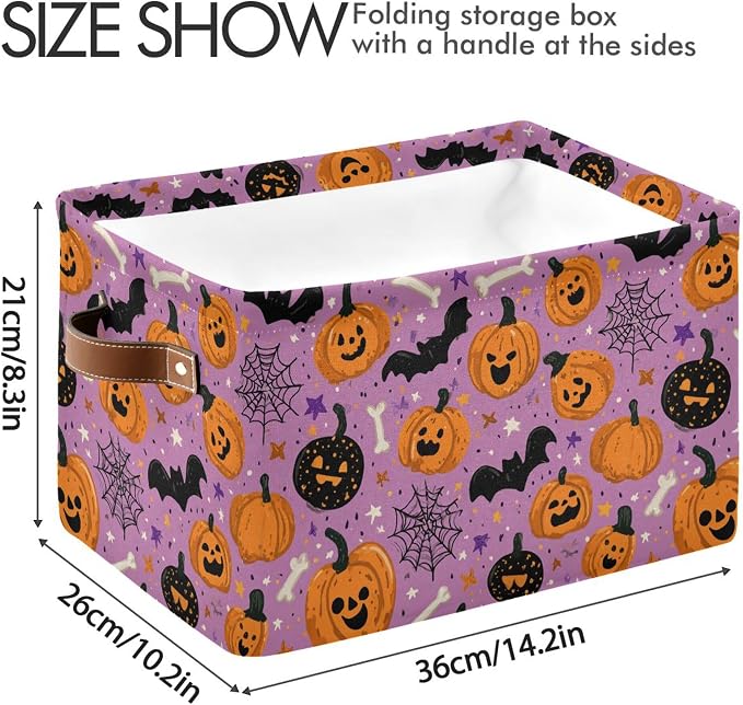 Halloween Pumpkin Purple Storage Basket with Waterproof Liner and PU Handles Spooky Bats Skull Storage Bins Boxes 14.2" Collapsible Decorative Organizer Baskets for Bedroom Closet Office 2 Pack
